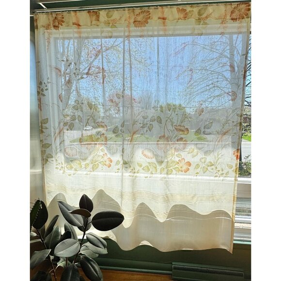 Vintage 1970s cream curtain, large orange flowers with greenery, rod header - Picture 7 of 10